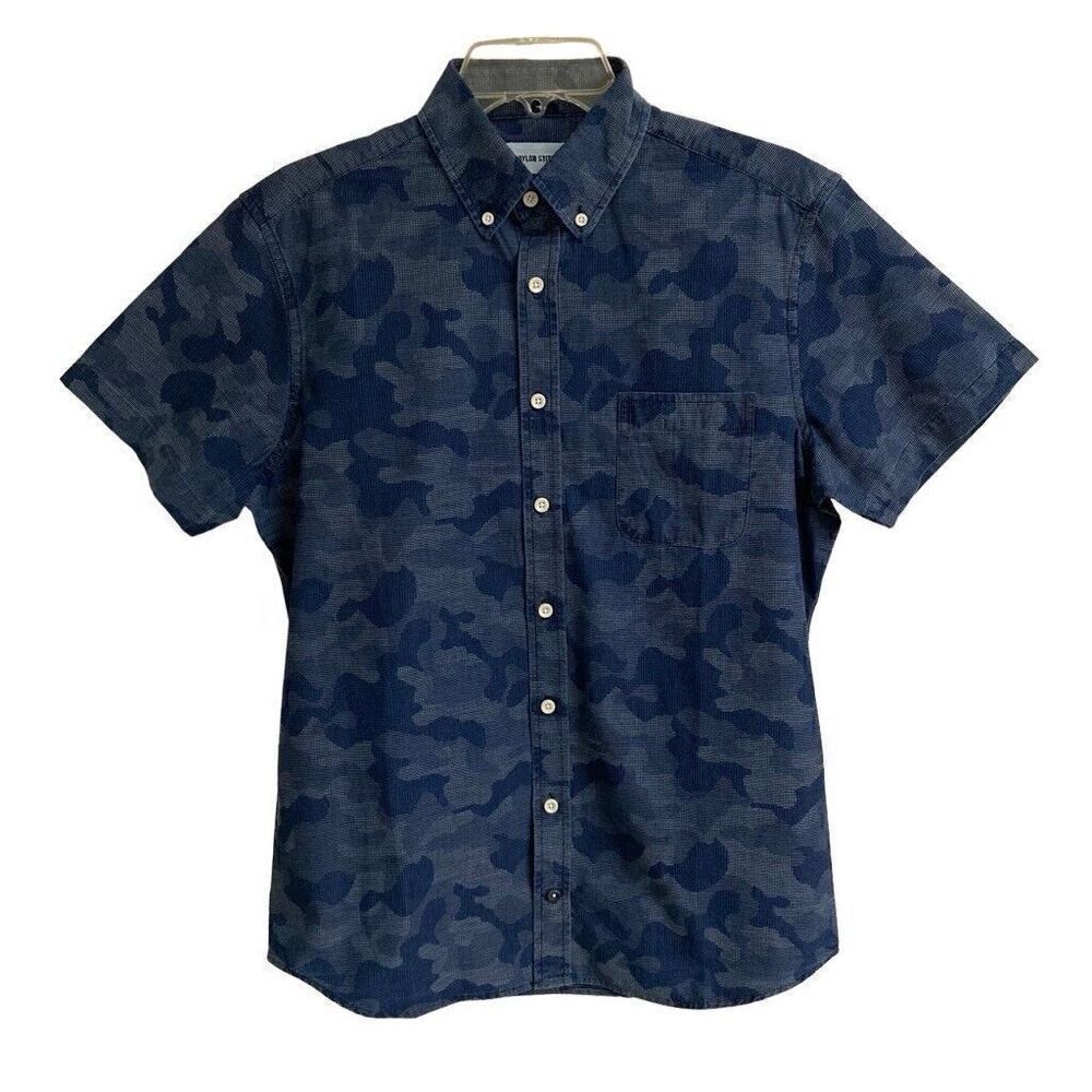 Taylor Stitch The Jack In‎ Indigo Jacquard Camo Short Sleeve Shirt Mens S 38 NEW